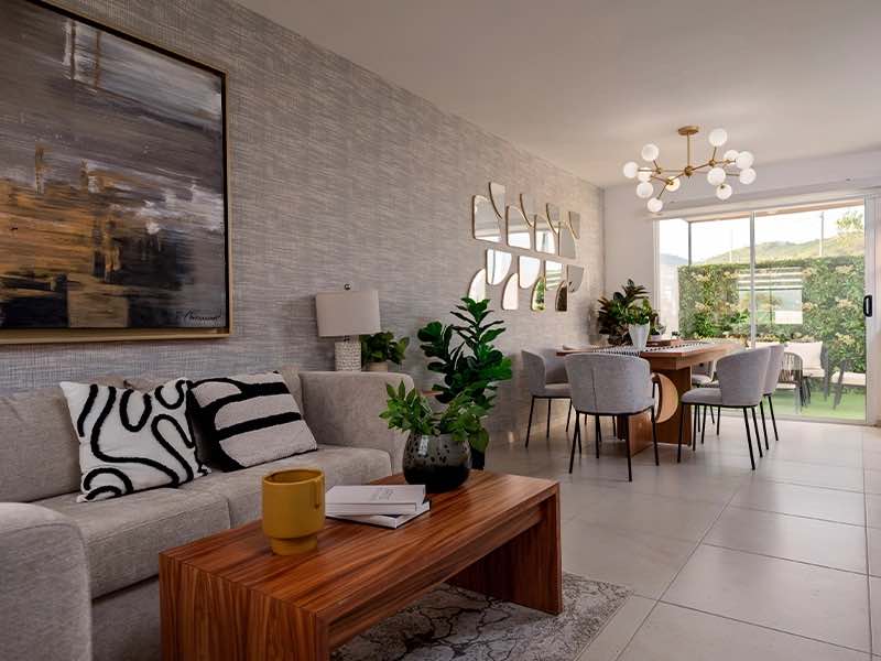 Sala con comedor del modelo Águila fraccionamiento Mirador de los encinos
